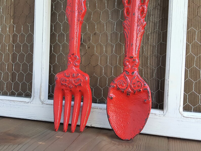 Fork and Spoon Kitchen Wall Decor Classic Red Hand Painted Utensils Cast Iron Rustic Farmhouse Dining Room Wall Art image 4