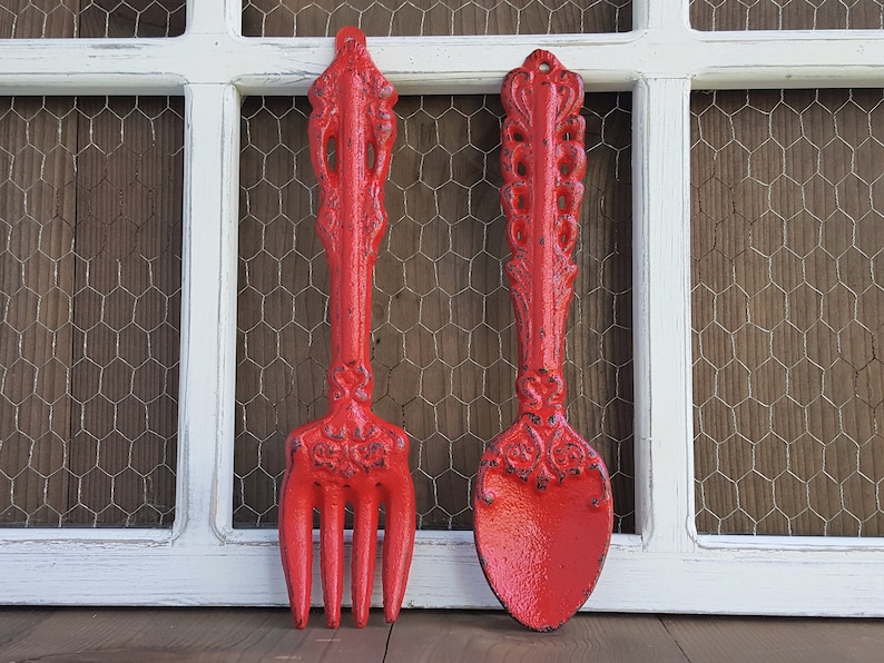 Fork and Spoon Kitchen Wall Decor Classic Red Hand Painted Utensils Cast Iron Rustic Farmhouse Dining Room Wall Art image 2