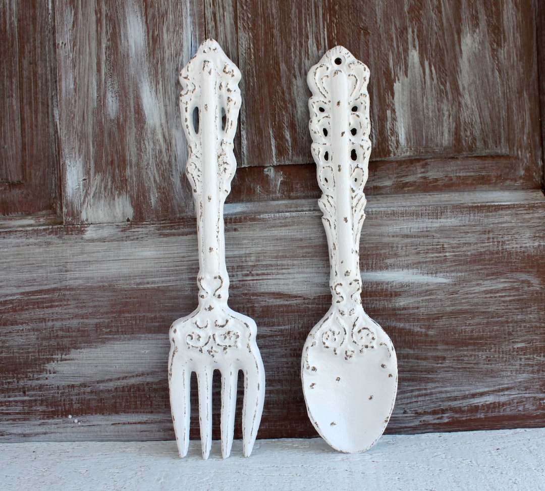 Fork and Spoon Decor Shabby White Kitchen Wall Decor Farmhouse Etsy