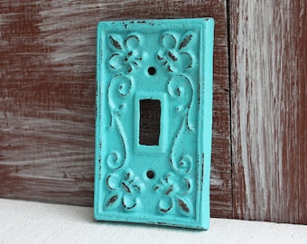 Switch Plate Cover, Light Switch Plate, Light Plate Cover, Cast Iron Toggle Switchplate, Hand Painted Aquamarine Blue