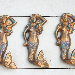Mermaid Hooks, Beach House Bathroom Decor, Nautical Hooks, Cast Iron Wall Hooks, Set of 3 Hand Painted Hooks, Mermaid Decor