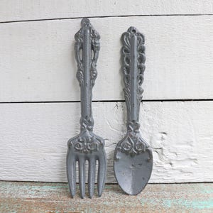 Gray Fork and Spoon Kitchen Wall Decor, Painted Cast Iron Utensils Set Wall Hanging