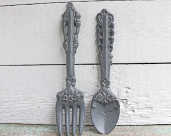 Gray Fork and Spoon Kitchen Wall Decor, Painted Cast Iron Utensils Set Wall Hanging