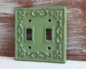 Sage Green Switchplate Cover, Double Light Switch Cover, Decorative Switch Plate, Lightswitch Plate Cover, Cast Iron Fleur de lis Wall Decor