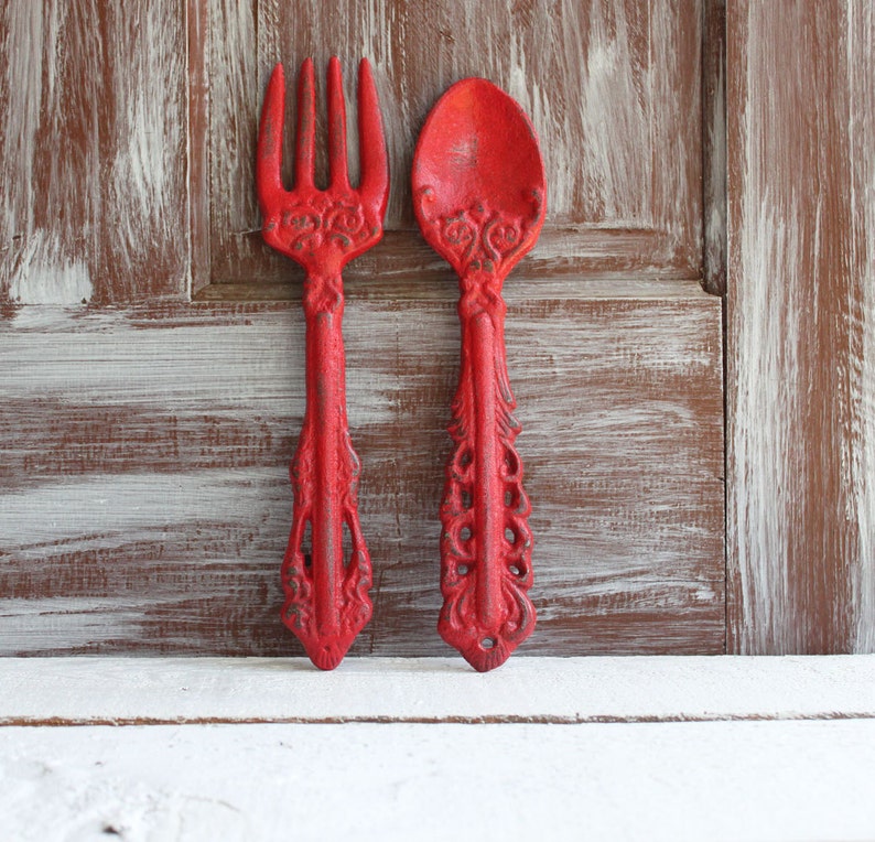 Fork and Spoon Wall Decor Red Kitchen Decor Painted Utensils Etsy