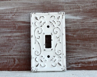 Light Switch Cover, Single Light Switch Plate, White Distressed Lightswitch Cover Cast Iron Lightswitch Plate Shabby Cottage Chic
