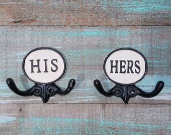 His and Hers Hooks, Towel Hooks, Robe Hook Set, His and Her Towel Holders, Cast Iron Wall Hooks, Wedding Gift for Couple