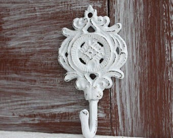 White Hook, Decorative Ornate Wall Hook, Shabby Distressed Bathroom Hand Towel Hooks, Cast Iron Key Hook