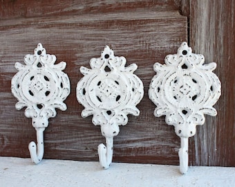 White Hooks, Set of 3 Small Ornate Bath Towel Hooks, Decorative Key Hooks Shabby White Bathroom Decor