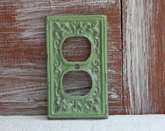 Outlet Cover, Outlet Plate Cover, Plug Cover, Sage Green, Distressed, Electrical Outlet Cover, Cast Iron Metal, Wall Socket cover plate