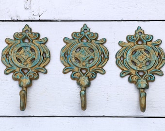 Cast Iron Wall Hooks, Painted Hooks, Decorative Hooks, Gold Teal Patina Small Ornate Hooks for Wall, Towel Hooks, Metal Hooks Set of 3