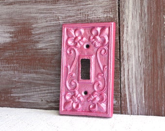 Pink Light Switch Cover, Light Switch Plate Cover, Cast Iron Switchplate, Fleur de lis Shimmery Metallic Nursery Decor
