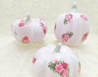 Pink Pumpkins with Roses Floral Shabby Pink Decor Cottage Chic Fall Decor Set of 3 Rose Pumpkins (Set B)