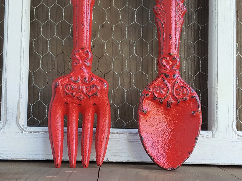 Fork and Spoon Kitchen Wall Decor Classic Red Hand Painted Utensils Cast Iron Rustic Farmhouse Dining Room Wall Art image 7