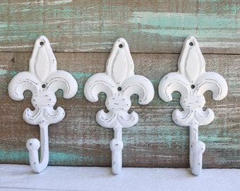 Shabby White Hooks Set of 3 Wall Hooks Bathroom Towel Holder Towel Hooks Cast Iron Coat Hooks Storage Hooks Fleur de lis