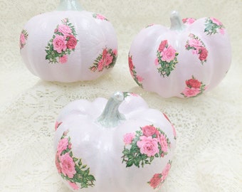 Shabby Pink Pumpkins Roses Cottage Chic Floral Fall Decor Shabby Pink Decor Set of 3