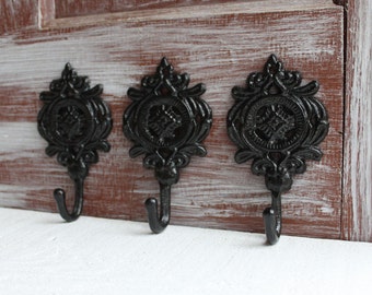 Black Wall Hooks, Cast Iron Decorative Ornate Bathroom Hooks, Small Hand Towel Hanger / Hooks, Set of 3