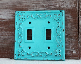 Double Light Switch Cover, Light Switch Plate Cover, Cast Iron Decorative Switchplates, Fleur de lis Light Plate Cover, Aquamarine Blue