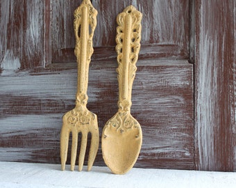 Yellow Kitchen Decor, Fork and Spoon Decor, Kitchen Wall Decor, Oversized Cast Iron Painted Utensils, Dining Room Wall Art