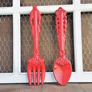 Hand painted cast iron fork and spoon kitchen or dining room wall decor.