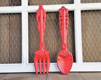 Fork and Spoon Kitchen Wall Decor Classic Red Hand Painted Utensils Cast Iron Rustic Farmhouse Dining Room Wall Art