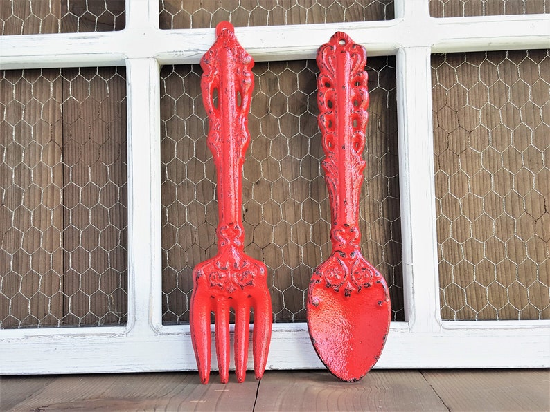 Hand painted cast iron fork and spoon kitchen or dining room wall decor.