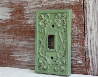 Light Switch Cover, Sage Green, Light Switch Plate, Switchplate Cover, Cast Iron Fleur de lis Lightswitch Cover Plate, Shabby Cottage Chic
