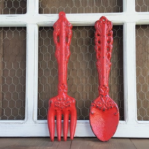 Fork and Spoon Kitchen Wall Decor Classic Red Hand Painted Utensils Cast Iron Rustic Farmhouse Dining Room Wall Art image 3