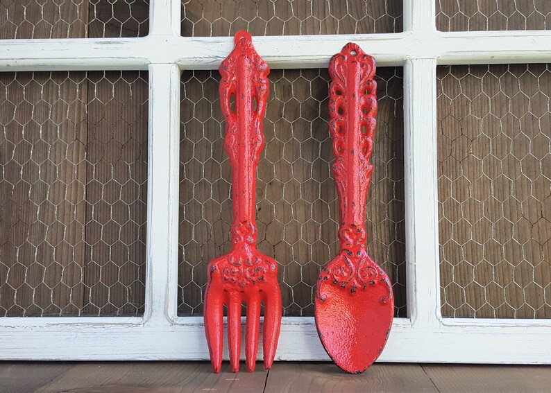 Fork and Spoon Kitchen Wall Decor Classic Red Hand Painted Utensils Cast Iron Rustic Farmhouse Dining Room Wall Art image 3
