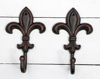 Rustic Bathroom Hooks, Oil Rubbed Bronze Hooks for Wall, Coat Hooks, Fleur de lis Towel Hooks Towel Holder Set of 2 Large Wall Hooks