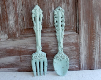 Large Fork and Spoon Kitchen Wall Decor, Oversized Utensils Dining Room Decor Teal Blue Fork Spoon Kitchen Wall Art Farmhouse Cottage Chic