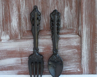 Black Fork and Spoon Kitchen Wall Decor Wall Hanging Dining Room Rustic Kitchen Wall Art Painted Cast Iron Utensils