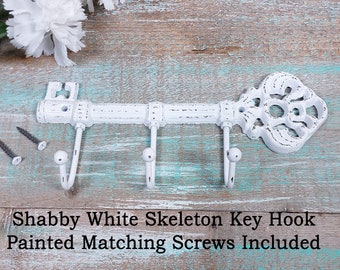 Shabby WHITE Key Holder Wall Hooks, Skeleton Key Keys Hooks, Triple Hooks, Key Rack for Wall, Hang Keys, Towels, Jackets, Pet Leashes