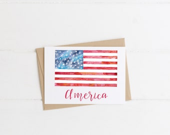 America Greeting Card - Patriotic Card - American Flag Watercolor Card