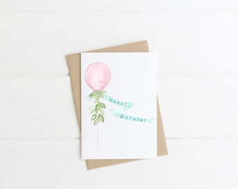 Watercolor Balloon Birthday Card - Watercolor Birthday Card - Watercolor Balloon with Greenery - Birthday Card