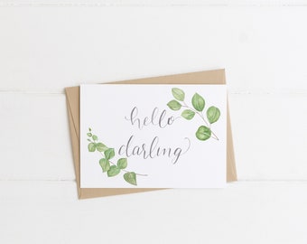 Hello Darling Greeting Card - Watercolor Greeting Card - Watercolor Eucalyptus Greeting Card