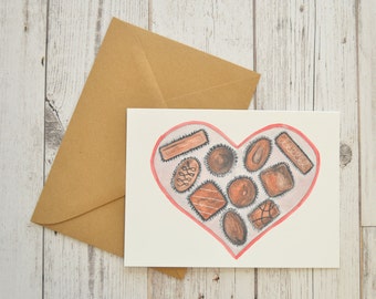 Valentine's Day Card - Box of Chocolates - Watercolor Valentine's Day Card - Watercolor Greeting Card