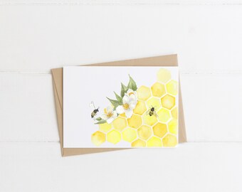 Honeycomb Greeting Card - Watercolor Honeycomb Card - Honeycomb & Bees Greeting Card