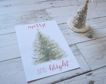 Merry & Bright Christmas Card - Christmas Tree Greeting Card - Christmas Card - Watercolor Christmas Tree Card