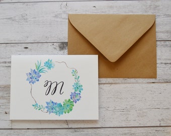 Watercolor Stationary Cards, Monogram Stationary Cards, Watercolor Succulent Wreath, Greeting Cards