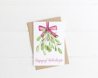 Happy Holidays Card - Mistletoe Card - Holiday Card - Watercolor Card - Watercolor Mistletoe