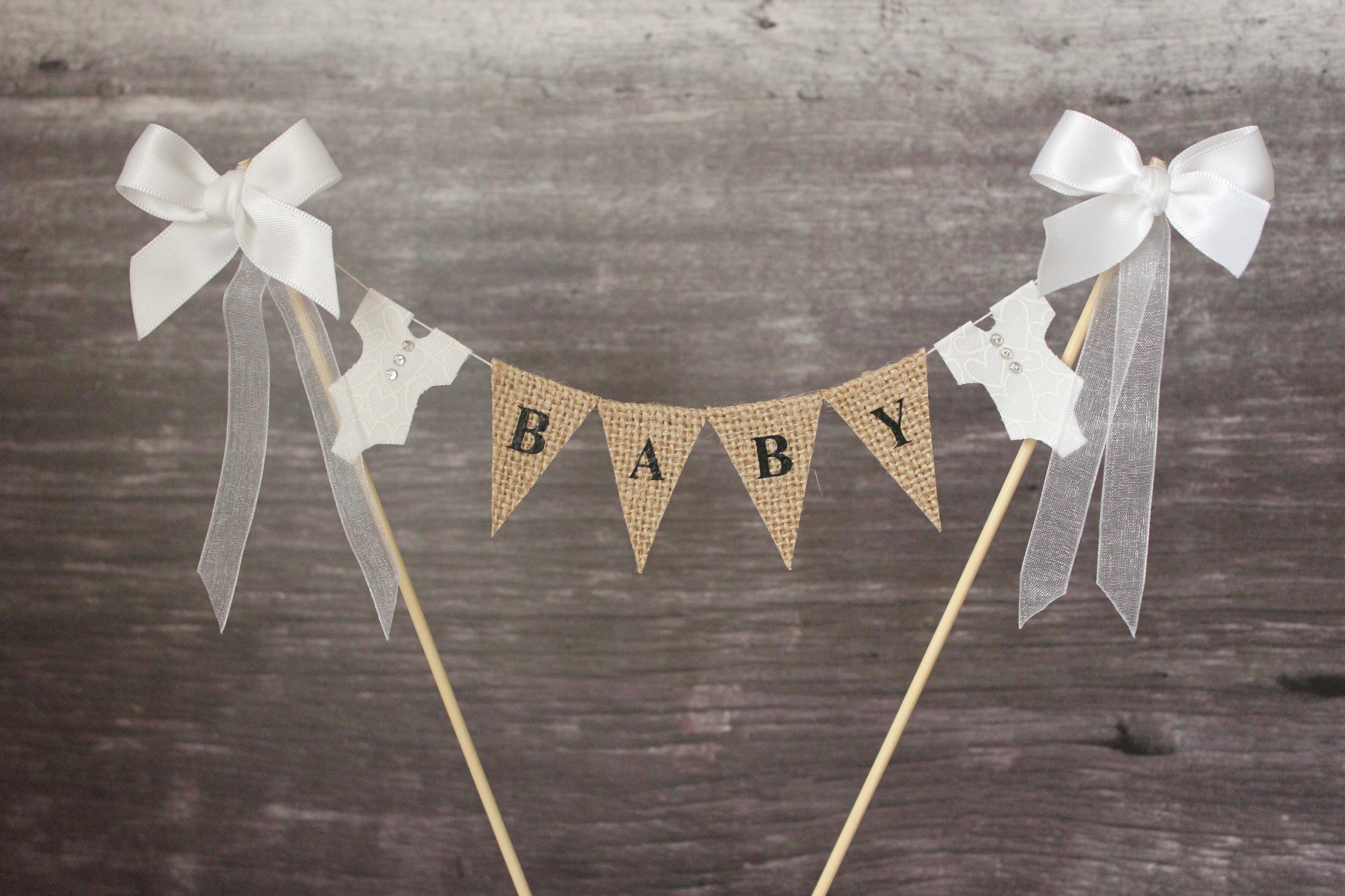 BABY Shower Hessian Cake Topper Mini Burlap Bunting Banner Lace Birthday Party