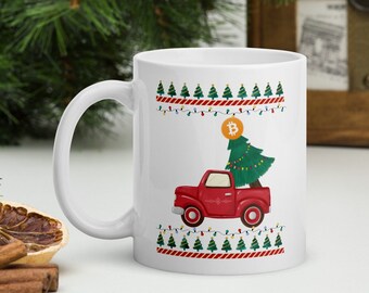 Bitcoin Red Vintage Retro Red Christmas Truck Holiday Cryptocurrency Mug Bitcoin Gift Trader Mug Crypto Mug
