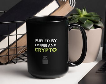 Coffee and Crypto Mug - Funny Trader Gift, Black Glossy Mug