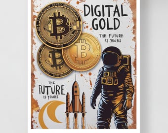 Bitcoin Digital Gold Astronaut Art Print, Crypto Pop Wall Decor