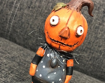 Pumpkinhead Original Art Doll, OOAK Halloween Folk Art Doll