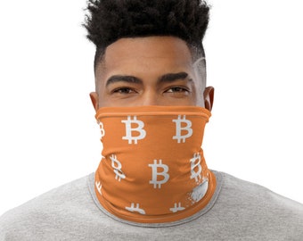 Orange and White Bitcoin Logo Paint Splatter Crypocurrency Uni-sex Neck Gaiter, headband, wristband, face mask, bandana