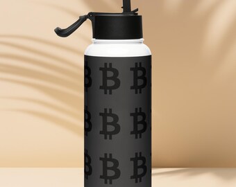 Monochrome Black on Black Bitcoin Stainless steel water bottle with a straw lid