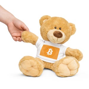 May include: A brown teddy bear wearing a white t-shirt with an orange Bitcoin symbol on it. The bear is sitting on a white background.