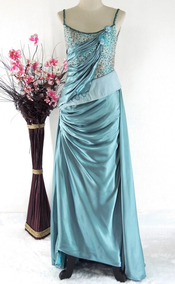 Silky Teal Blue Vintage Party Dress Gown Bridesma… - image 1